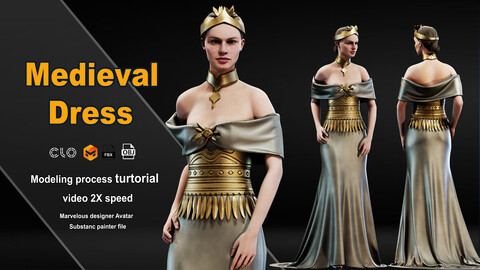 Medieval dress/ marvelous designer / clo3d / substance painter/ PBR textures / OBJ / FBX