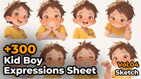 +300 Kid Boy Cartoon Expressions Sheet Concept