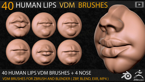 40 Lips and 4 Nose  VDM Brushes for Zbrush & Blender + Video Tutorial