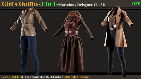 3 in 1 Girl's Outfits- MD/Clo3d (OBJ + FBX +ZPRJ)+Materials+Textures (vol11-OFF)