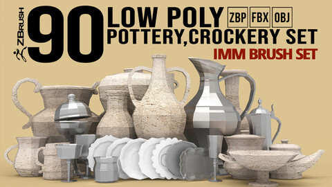 90 kitchen utensil, crockery and pottery base mesh shapes imm Zbrush set, obj and fbx files.