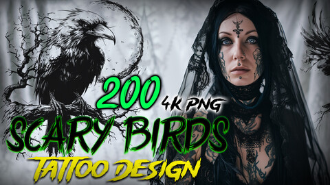 200 Scary Birds - Tattoo Design (PNG Files)-4K- High Quality