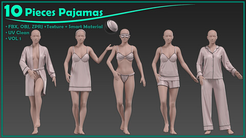 10 pieces female pajamas with texture and smart material/ zprj+obj+fbx+4K PBR+SPSM/ clo3d, marvelous designer