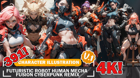 391 Futuristic Robot Human Mecha Fusion Cyberpunk Remix Diverse Outfits and Reference Art V1 4K