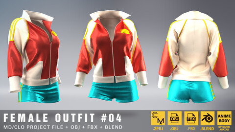 Fem Outfit #04. Anime avatar body proportions. MD/CLO+OBJ+FBX+BLEND