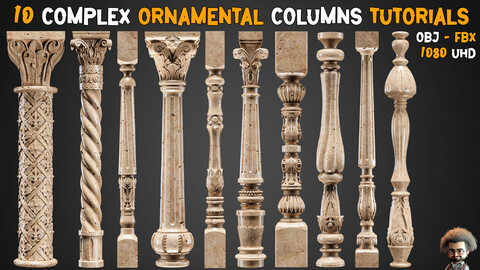 10 Complex Ornamental Columns Tutorials - FBX & OBJ - Vol 04