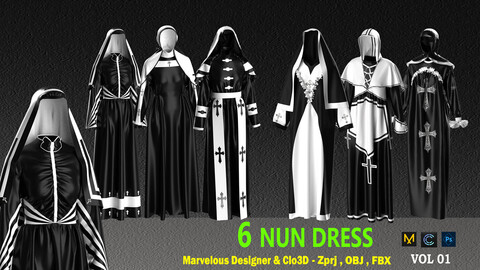 6 NUN DRESS  VOL1 DESIGNED IN MARVELOUS DESIGNER AND CLO3D (zprj, fbx, obj, png)