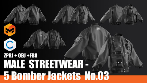 MALE STREETWEAR No.03 - 5 Bomber Jackets | CLO 3D / Marvelous Designer + OBJ + FBX