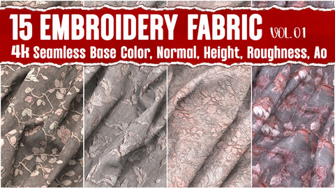 15 Embroidery Fabric VOL.01| 4k Seamless PNG PBR Textures