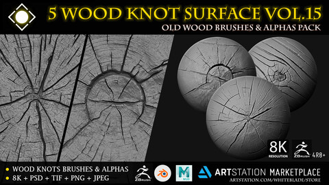 5 Wood Knots Digital Surface Brushes & Alphas Vol.15 - ZBrush 4R8+/Blender/Mudbox/3dcoat