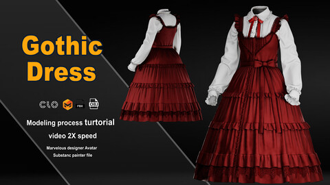 Gothic dress /  marvelous designer / clo3d / substance painter/ PBR textures / OBJ / FBX