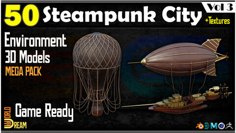 50 Steampunk City 3D Models with Textures | Game Ready | Vol 3