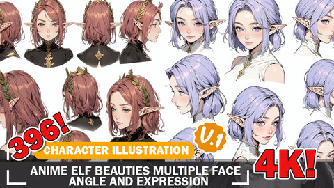 396 Anime Elf Beauties Multiple Face Angles and Expressions Diverse Character Reference Art V1 4K