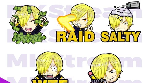 Twitch Emotes One Piece Sanji rich, raid, salty, wtf & note pack