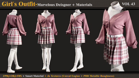 Girl's Outfit- MD/Clo3d + Smart Material + 4K Textures + OBJ + FBX (vol 43)