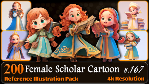 200 Female Scholar Cartoon (Full Body) Reference Pack | 4K | v.167