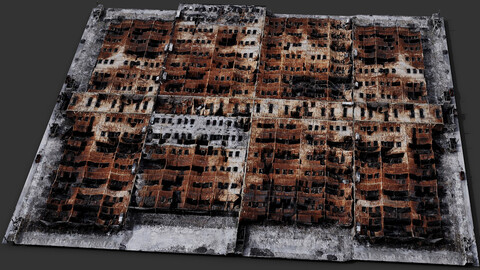 destroyed factory industrial burned roof drone scan