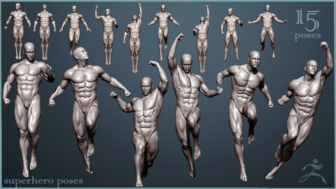 15 Superhero Poses -Full Body - ZTL+OBJ+STL