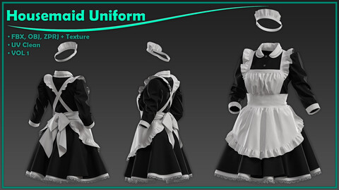 female housemaid uniform with texture/ zprj+obj+fbx+4K PBR/ clo3d, marvelous designer/outfit