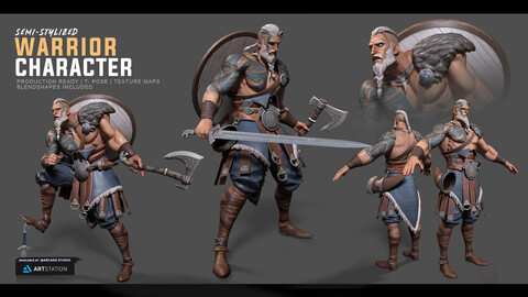 Stylized Warrior Character | Viking Ragnar | Blendshapes Included | HD Texture Maps