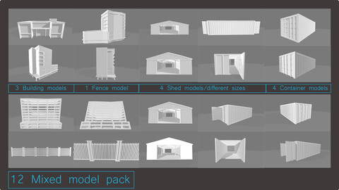 12 Simple model mixed pack (Buildings, Shipping containers, Sheds, Fence)