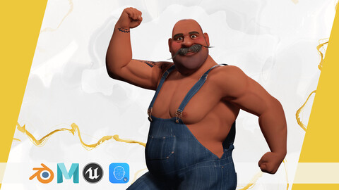 Cartoon Muscular Farmer with Tattoo and Moustache