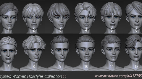 [Highpoly and Lowpoly] 12 Stylized Hair package 11 for male boy anime head man male blonde brunette beautiful wig character hairstyle haircut human real time ingame lowpoly