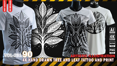 90 4K HAND DRAWN TREE AND LEAF TATTOO AND PRINT - ARTISTIC ILLUSTRATION - HIGH END QUALITY - (JPEG & TRANSPARENT PNG & ALPHA ) - VOL281