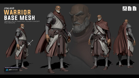 Stylized Warrior Concept Base Mesh | Raw Files for Zbrush and Sculpting | FBX | OBJ | Polygroups