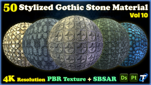 50 Stylized Gothic Stone Materials - SBSAR + PBR Textures (MEGA Bundle) - Vol 10