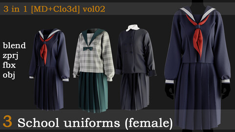 3 School uniforms(female)[blend+zprj+fbx+obj] vol02