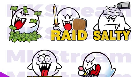 Twitch Emotes Cute Ghost Boo rich, raid, salty, wtf & note pack