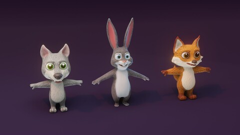 Cartoon Animated Wolf Fox and Rabbit 3D Model Collection