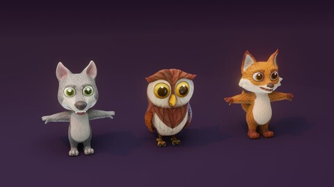 Cartoon Animated Owl Wolf and Fox 3D Model Collection