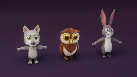 Cartoon Animated Owl Wolf and Rabbit 3D Model Collection