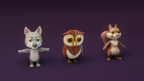 Cartoon Animated Owl Wolf and Squirrel 3D Model Collection