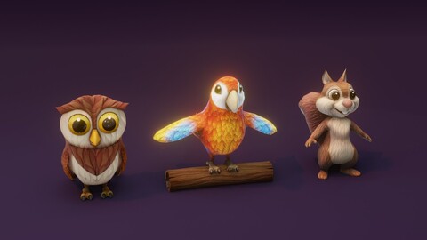 Cartoon Animated Ara Parrot Owl and Squirrel 3D Model Collection