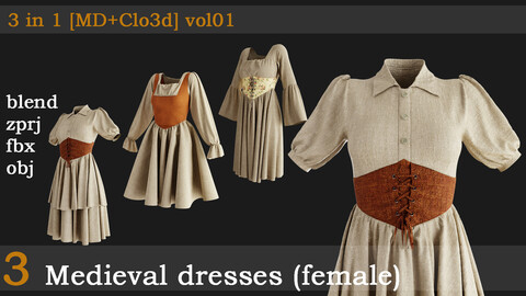 3 Medieval dresses(female) [zprj+fbx+obj+blend]vol01