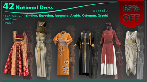 42 national female dress/ zprj+obj+fbx/ clo3d, marvelous designer/Indian, Greek, Egyptian, Arabic, Japanese, Ottoman/vol1