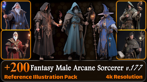 200 Fantasy Male Arcane Sorcerer Reference Pack | 4K | v.177