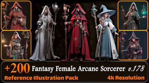 200 Fantasy Female Arcane Sorcerer Reference Pack | 4K | v.178