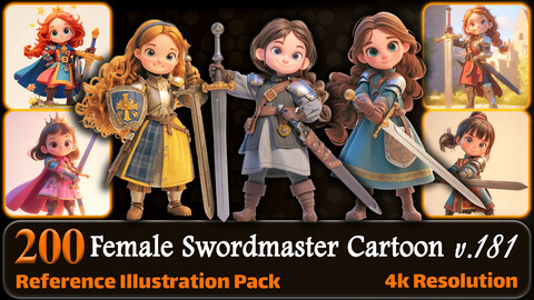 200 Female Swordmaster Cartoon (Full Body) Reference Pack | 4K | v.181