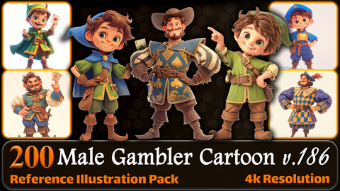 200 Male Gambler Cartoon (Full Body) Reference Pack | 4K | v.186