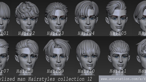 [Highpoly and Lowpoly] 12 Stylized Hair package 12 for male boy anime head man male blonde brunette beautiful wig character hairstyle haircut human real time ingame lowpoly