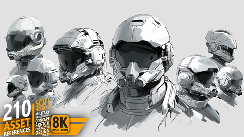 210 Scifi helmet-Hardsurface-Concept-Sketch-Character-Design VOL03 - Asset References | 8K Res