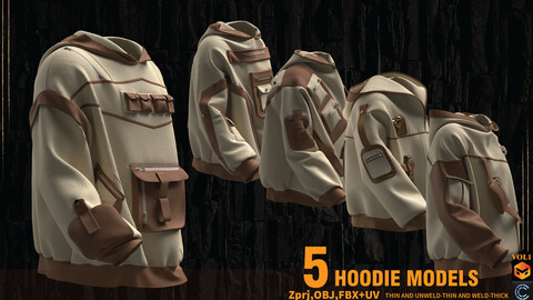 5 HOODEI MODELS (CLO3D AND MARVELOUS DESIGNER)(ZPRJ -OBJ-FBX)