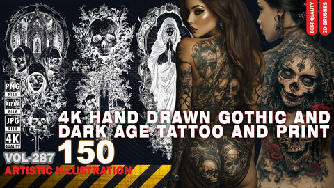 150 4K HAND DRAWN GOTHIC AND DARK AGE TATTOO AND PRINT - ARTISTIC ILLUSTRATION - HIGH END QUALITY - (JPEG & TRANSPARENT PNG & ALPHA ) - VOL287