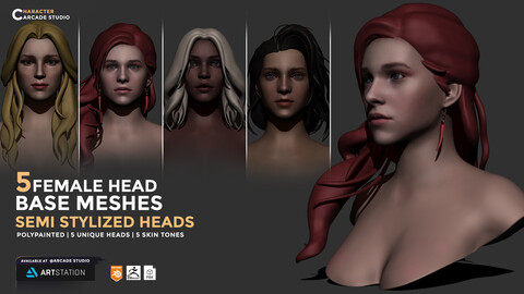 Stylized Female Heads | Polypainted Skins | 5 Base Heads | Stylized Skintones.