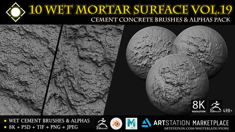 10 Wet Mortar Digital Surface Brushes & Alphas Vol.19 - ZBrush 4R8+/Blender/Mudbox/3dcoat