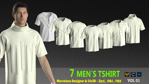 7 MEN`S TSHIRT MODEL .VOL1  (CLO3D & MARVELOUS DESIGNER ) ZPRJ,FBX,OBJ,PNG,UV